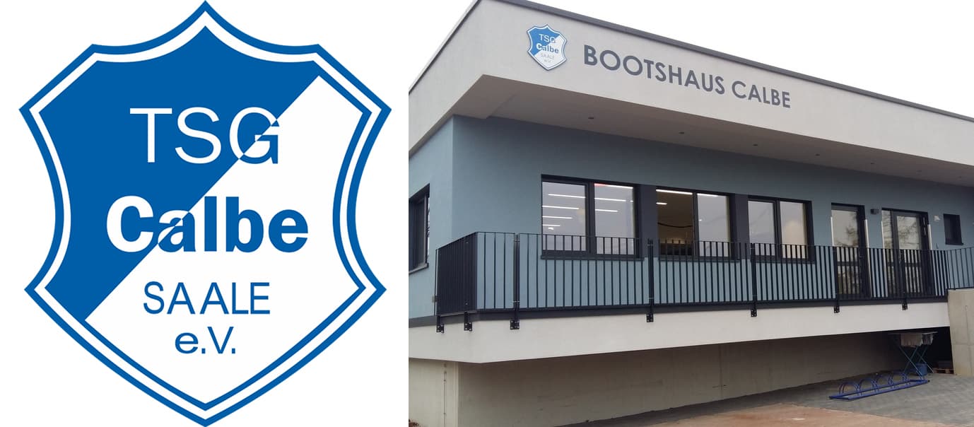 Logo des TSG Calbe zusammen mit Foto des Gebäudes des Boothauses Calbe